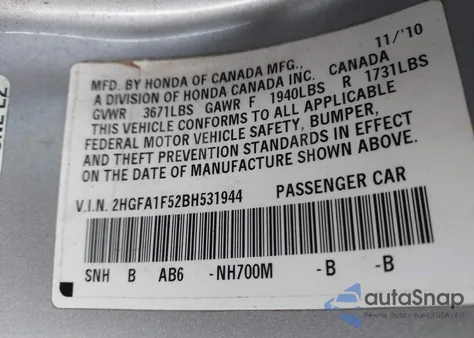 2011 Honda Civic Lx from USA, damaged, VIN 2HGFA1F52BH531944